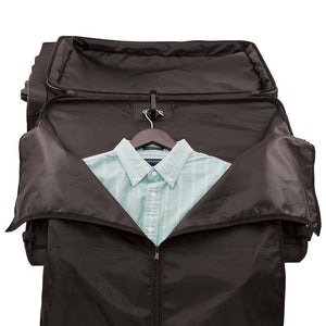 Opened front zippered pocket with built in garment bag, showing button down shirt neatly hanging in bag - 27" Wheeled Upright, Black
