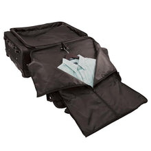 Load image into Gallery viewer, Opened front zippered pocket with built in garment bag, showing button down shirt neatly hanging in bag - 27&quot; Wheeled Upright, Black