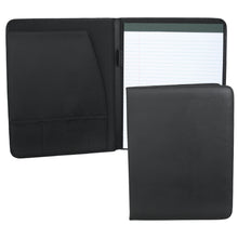 Load image into Gallery viewer, Black Simulated Padfolio with organization pocket, pen loop and notepad