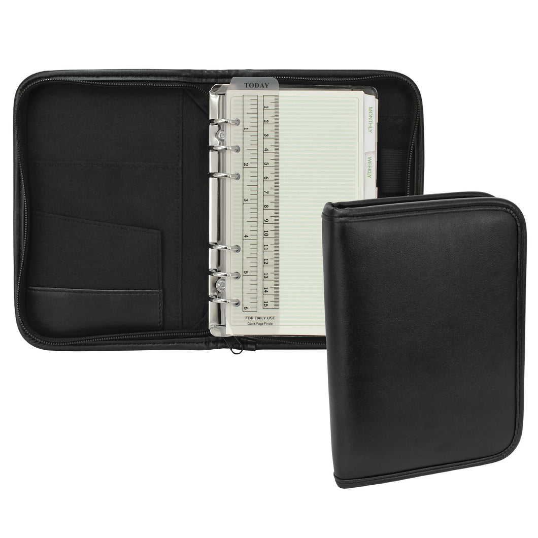 Small Black Simulated Leather Planner with organization pocket, 6-inch ruler and planner pages